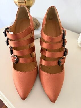 J. Crew Copper Satin Multi-Strap Pointed Pumps